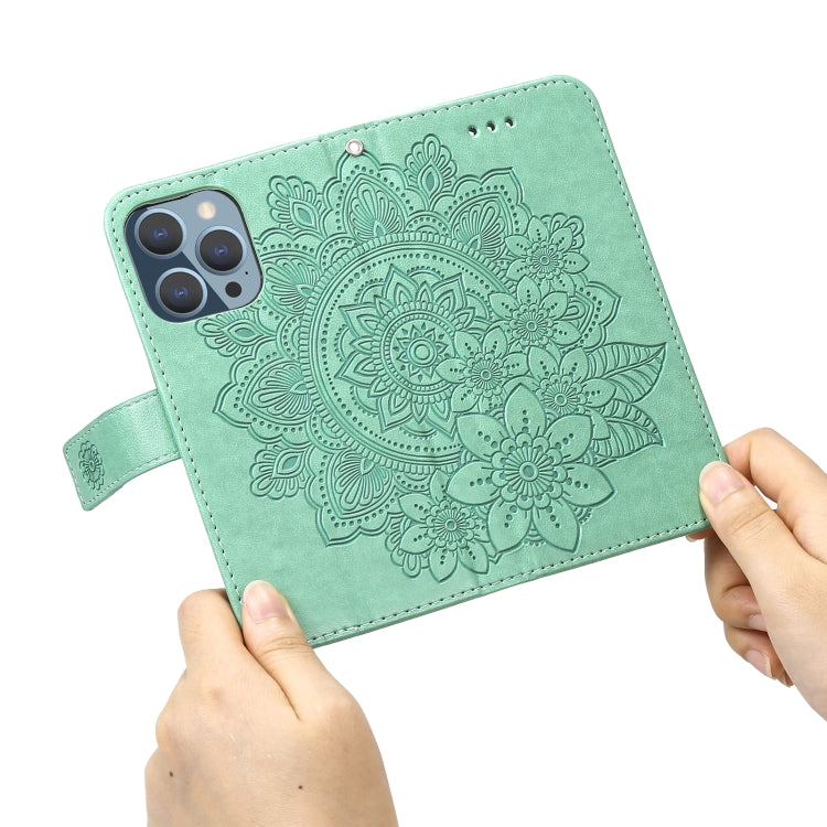 For iPhone 13 Pro 7-petal Flowers Embossing Pattern Horizontal Flip PU Leather Case with Holder & Card Slots & Wallet & Photo Frame