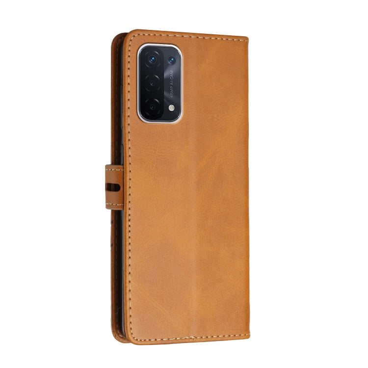 For OPPO A54 5G / A74 5G Stitching Style 2-Color Cow Texture Horizontal Flip PU Leather Case with Holder & Card Slot & Lanyard