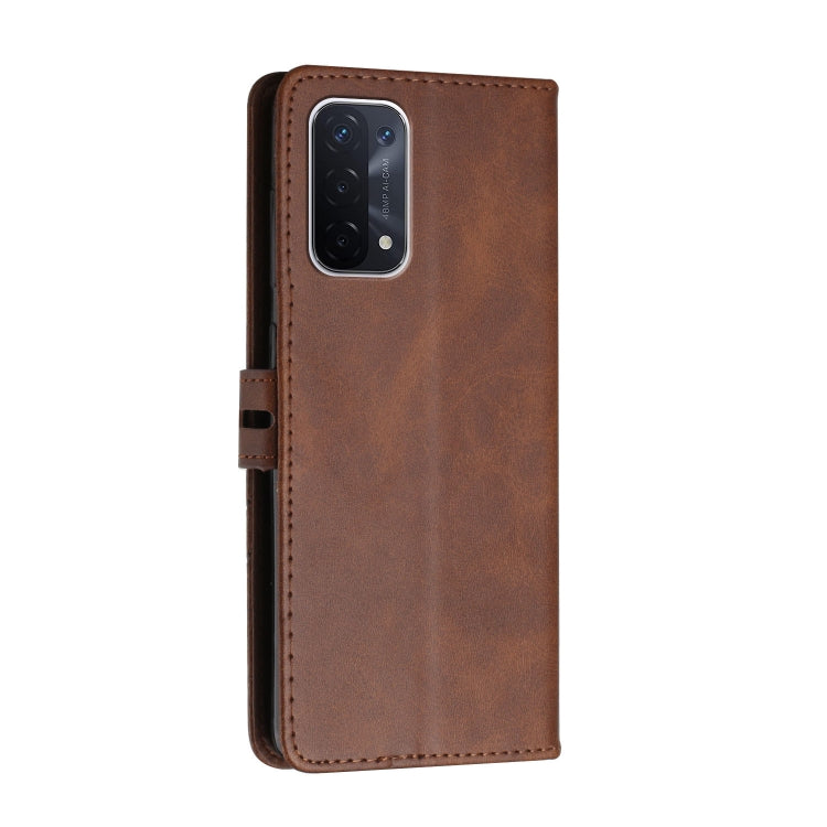 For OPPO A54 5G / A74 5G Stitching Style 2-Color Cow Texture Horizontal Flip PU Leather Case with Holder & Card Slot & Lanyard