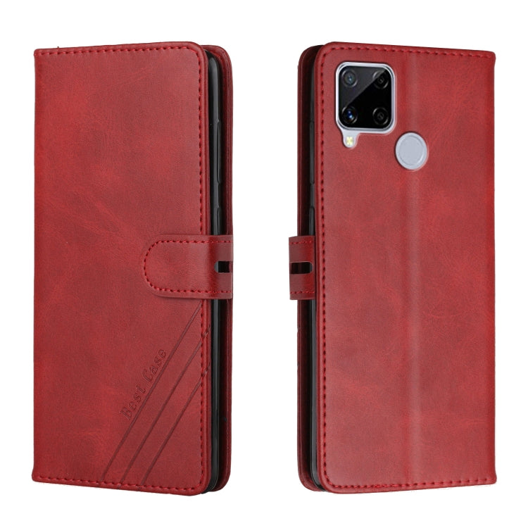 For Realme C15 Stitching Style 2-Color Cow Texture Horizontal Flip PU Leather Case with Holder & Card Slot & Lanyard