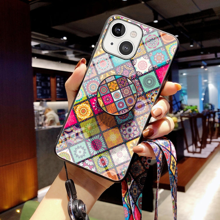 For iPhone 13 mini Painted Ethnic Pattern Tempered Glass + TPU Shockproof Case with Folding Magnetic Holder & Neck Strap