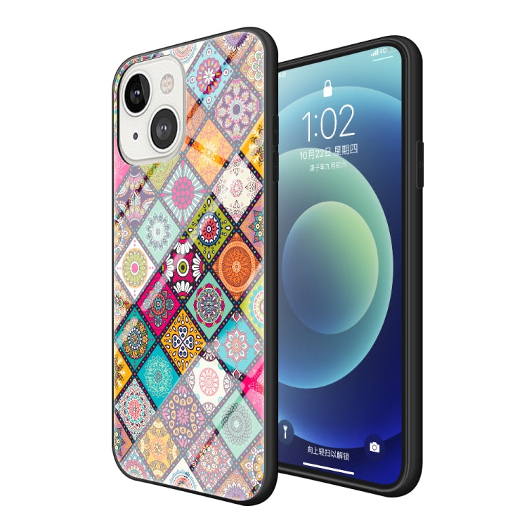 For iPhone 13 mini Painted Ethnic Pattern Tempered Glass + TPU Shockproof Case with Folding Magnetic Holder & Neck Strap