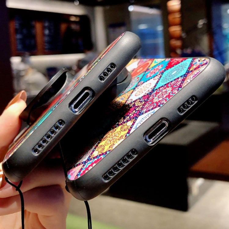 For iPhone 13 mini Painted Ethnic Pattern Tempered Glass + TPU Shockproof Case with Folding Magnetic Holder & Neck Strap