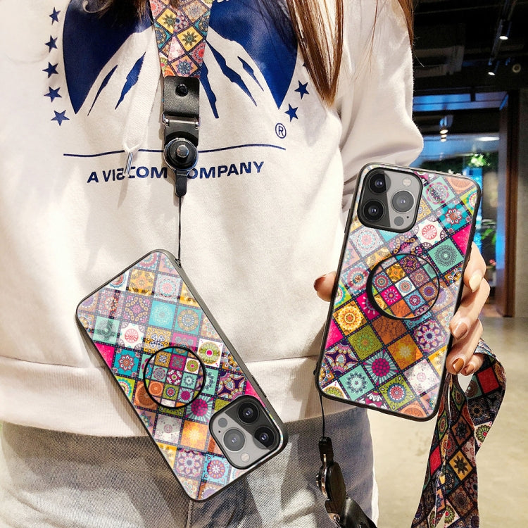 For iPhone 13 mini Painted Ethnic Pattern Tempered Glass + TPU Shockproof Case with Folding Magnetic Holder & Neck Strap