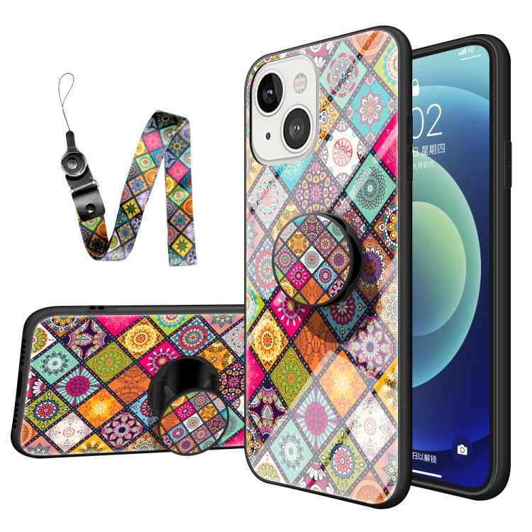 For iPhone 13 Painted Ethnic Pattern Tempered Glass + TPU Shockproof Case with Folding Magnetic Holder & Neck Strap