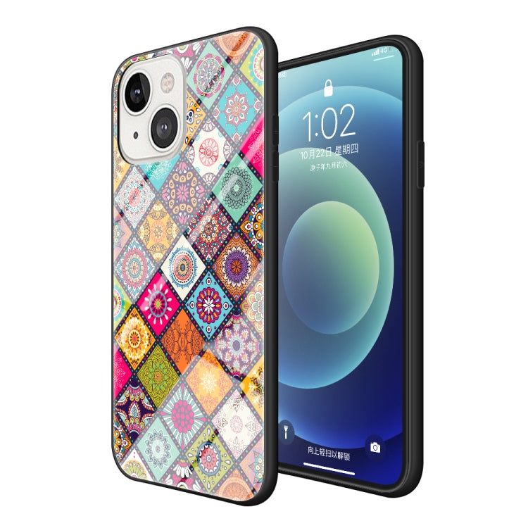For iPhone 13 Painted Ethnic Pattern Tempered Glass + TPU Shockproof Case with Folding Magnetic Holder & Neck Strap