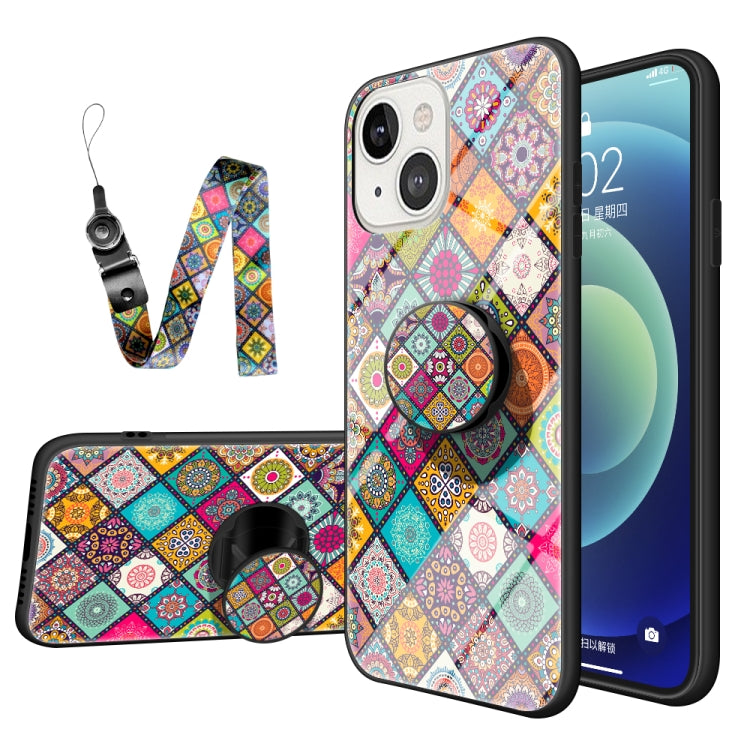 For iPhone 13 Painted Ethnic Pattern Tempered Glass + TPU Shockproof Case with Folding Magnetic Holder & Neck Strap