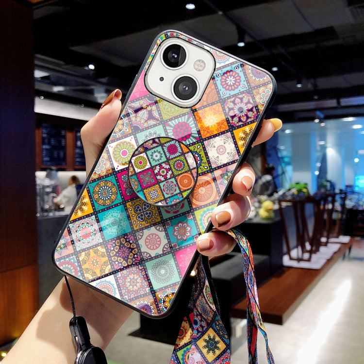 For iPhone 13 Painted Ethnic Pattern Tempered Glass + TPU Shockproof Case with Folding Magnetic Holder & Neck Strap