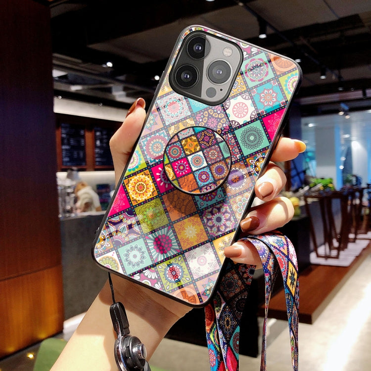 For iPhone 13 Pro Painted Ethnic Pattern Tempered Glass + TPU Shockproof Case with Folding Magnetic Holder & Neck Strap