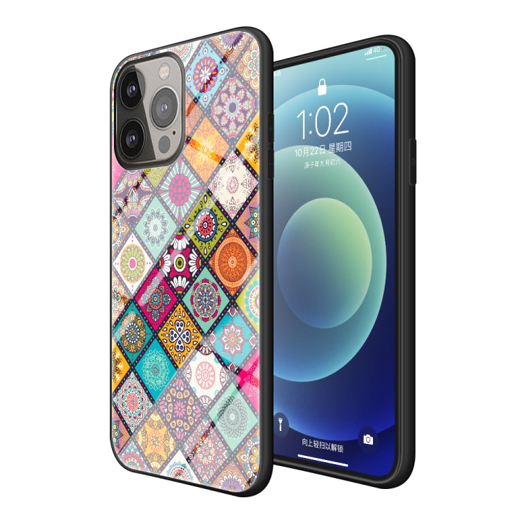 For iPhone 13 Pro Painted Ethnic Pattern Tempered Glass + TPU Shockproof Case with Folding Magnetic Holder & Neck Strap