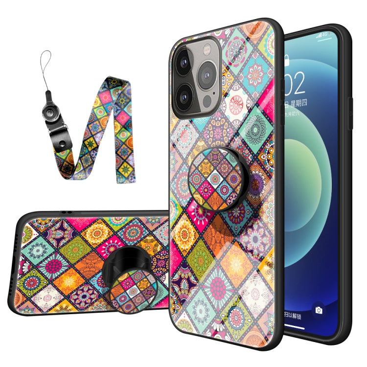 For iPhone 13 Pro Max Painted Ethnic Pattern Tempered Glass + TPU Shockproof Case with Folding Magnetic Holder & Neck Strap