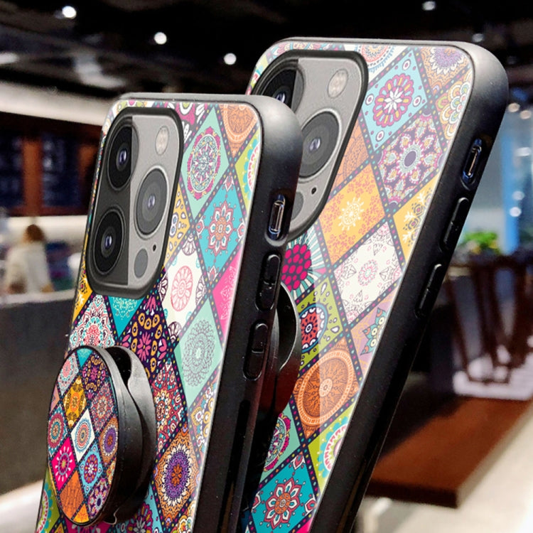 For iPhone 13 Pro Max Painted Ethnic Pattern Tempered Glass + TPU Shockproof Case with Folding Magnetic Holder & Neck Strap