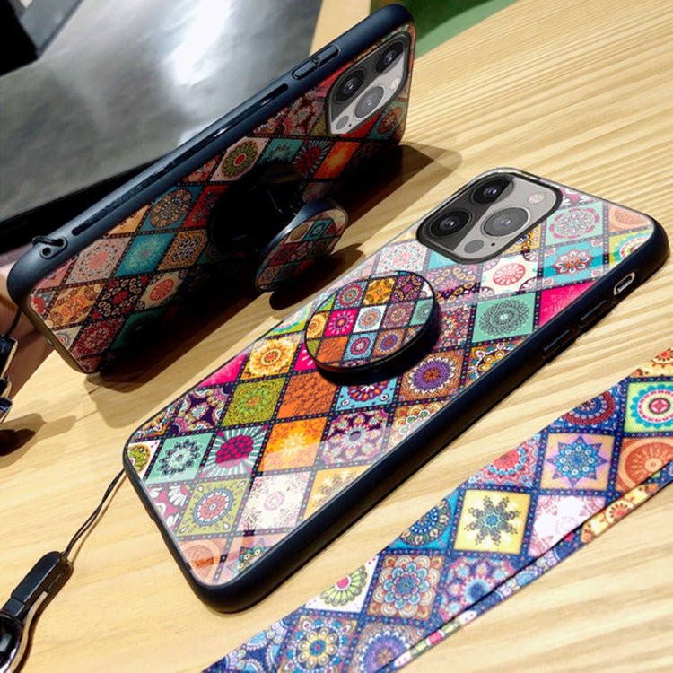 For iPhone 13 Pro Max Painted Ethnic Pattern Tempered Glass + TPU Shockproof Case with Folding Magnetic Holder & Neck Strap