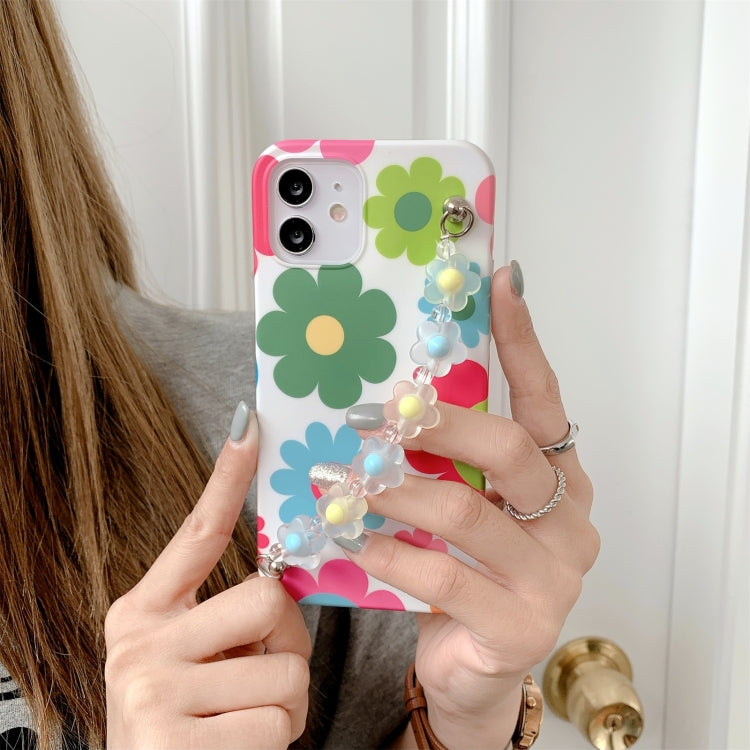 For iPhone 12 mini Flower Pattern TPU Shockproof Protective Case with Flower Beads Wrist Bracelet Chain