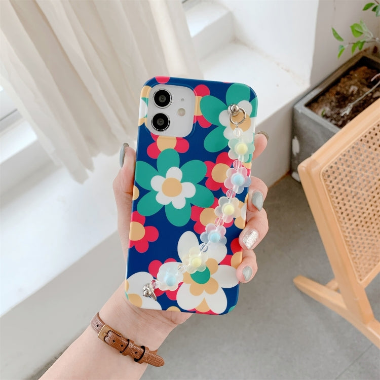 For iPhone 12 / 12 Pro Flower Pattern TPU Shockproof Protective Case with Flower Beads Wrist Bracelet Chain