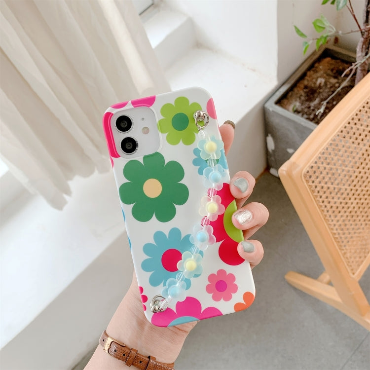 For iPhone 12 / 12 Pro Flower Pattern TPU Shockproof Protective Case with Flower Beads Wrist Bracelet Chain
