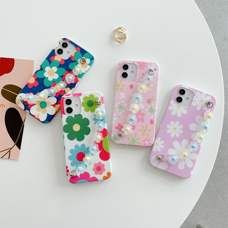 For iPhone 12 Pro Max Flower Pattern TPU Shockproof Protective Case with Flower Beads Wrist Bracelet Chain
