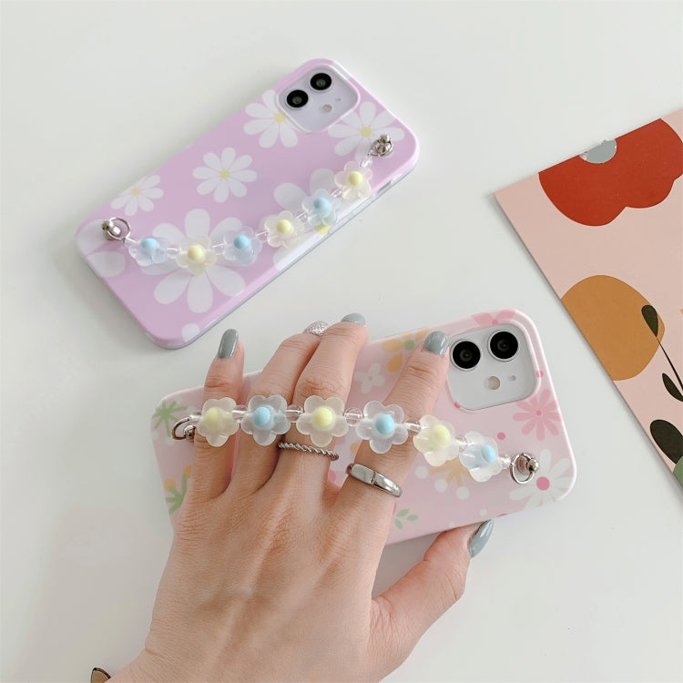 For iPhone 11 Flower Pattern TPU Shockproof Protective Case with Flower Beads Wrist Bracelet Chain