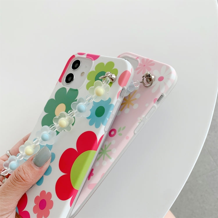 For iPhone 11 Flower Pattern TPU Shockproof Protective Case with Flower Beads Wrist Bracelet Chain