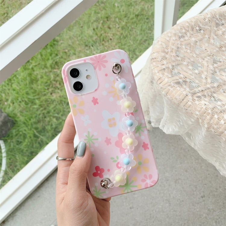 For iPhone 11 Pro Flower Pattern TPU Shockproof Protective Case with Flower Beads Wrist Bracelet Chain