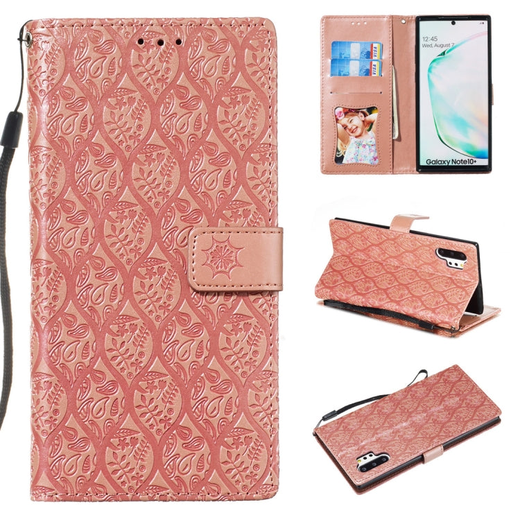 For Galaxy Note10+ / Note10+ 5G Pressed Printing Rattan Flower Pattern Horizontal Flip PU Leather Case, with Holder & Card Slots & Wallet & Photo Frame
