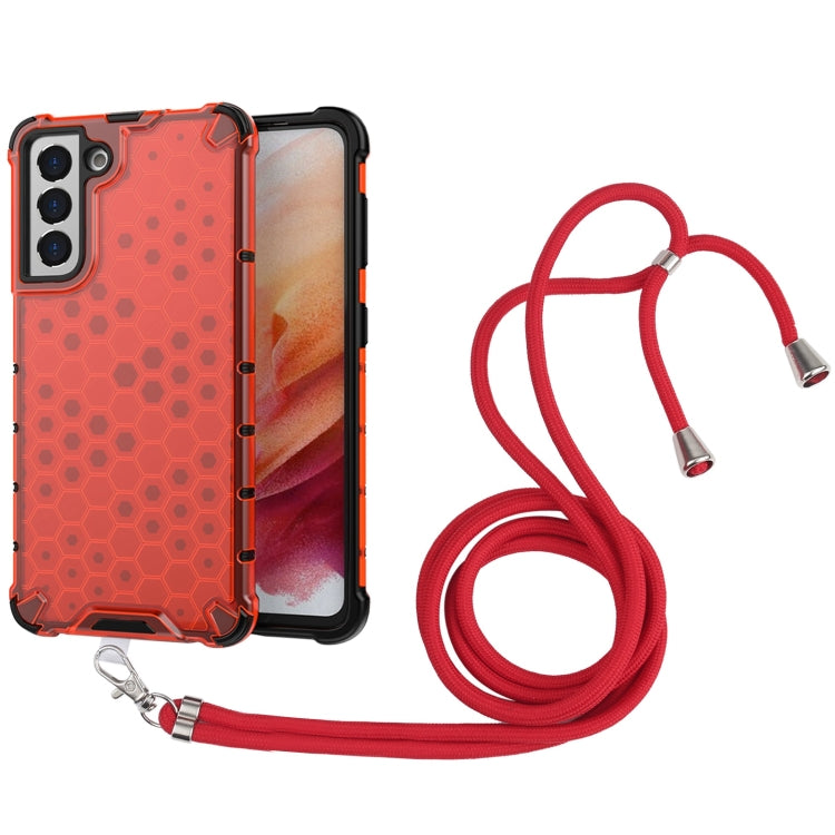 For Samsung Galaxy S21 5G Shockproof Honeycomb PC + TPU Case with Neck Lanyard