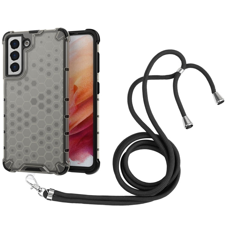 For Samsung Galaxy S21 5G Shockproof Honeycomb PC + TPU Case with Neck Lanyard