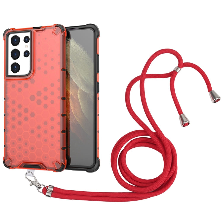 For Samsung Galaxy S21 Ultra 5G Shockproof Honeycomb PC + TPU Case with Neck Lanyard