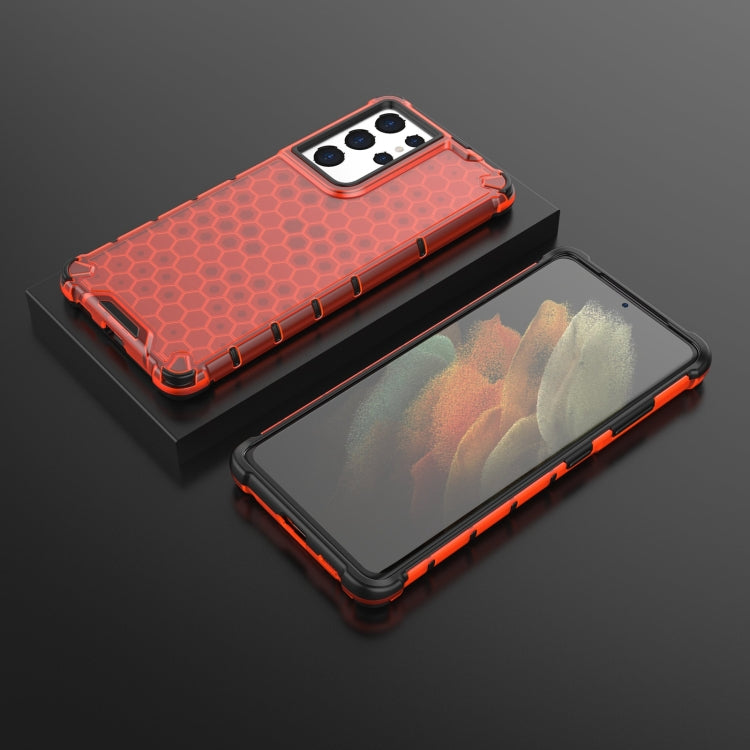 For Samsung Galaxy S21 Ultra 5G Shockproof Honeycomb PC + TPU Case with Neck Lanyard