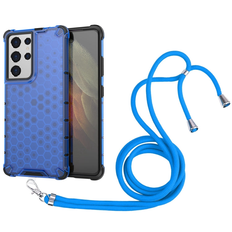 For Samsung Galaxy S21 Ultra 5G Shockproof Honeycomb PC + TPU Case with Neck Lanyard