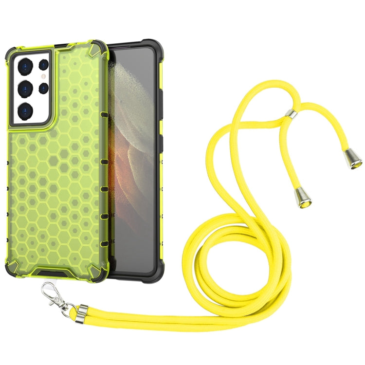 For Samsung Galaxy S21 Ultra 5G Shockproof Honeycomb PC + TPU Case with Neck Lanyard