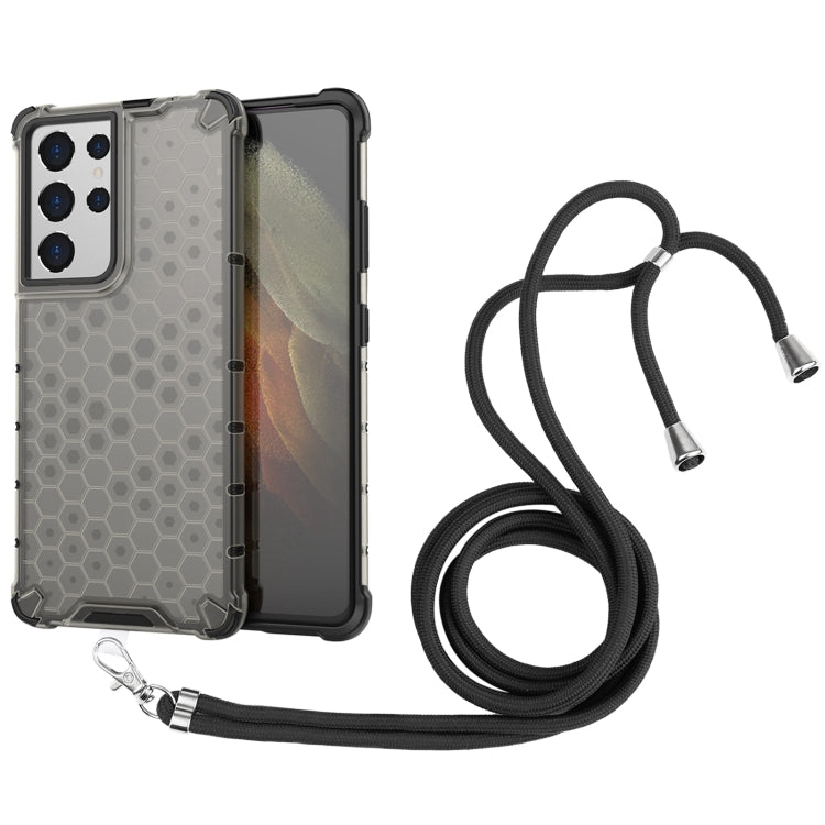 For Samsung Galaxy S21 Ultra 5G Shockproof Honeycomb PC + TPU Case with Neck Lanyard