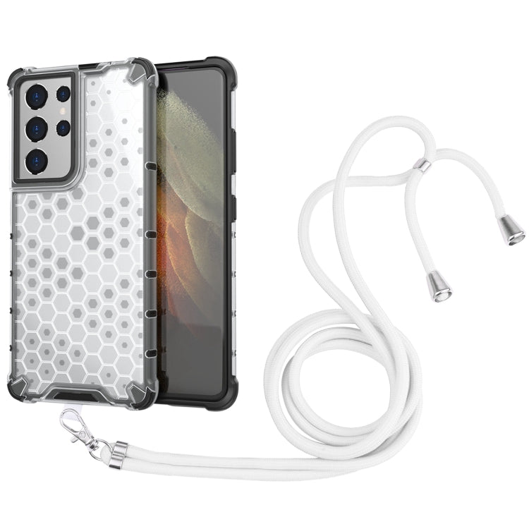 For Samsung Galaxy S21 Ultra 5G Shockproof Honeycomb PC + TPU Case with Neck Lanyard