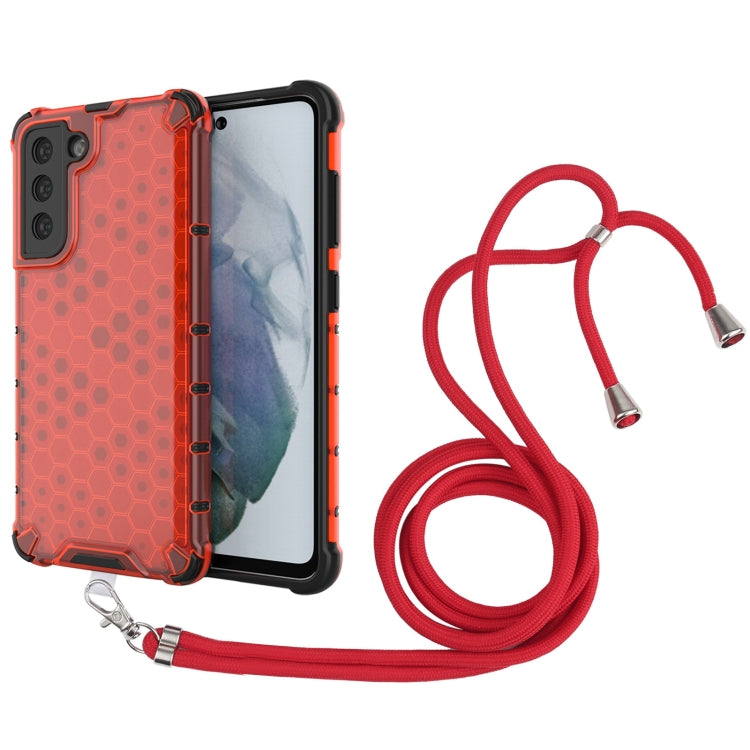 For Samsung Galaxy S21 FE Shockproof Honeycomb PC + TPU Case with Neck Lanyard