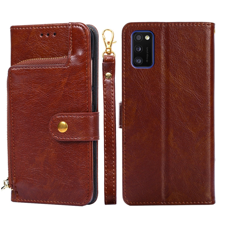 For Samsung Galaxy A41 EU Version Zipper Bag PU + TPU Horizontal Flip Leather Case with Holder & Card Slot & Wallet & Lanyard