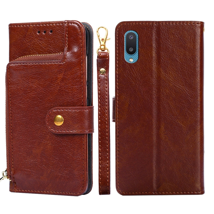For Samsung Galaxy A02 Zipper Bag PU + TPU Horizontal Flip Leather Case with Holder & Card Slot & Wallet & Lanyard