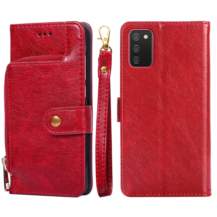 For Samsung Galaxy A02s EU Version Zipper Bag PU + TPU Horizontal Flip Leather Case with Holder & Card Slot & Wallet & Lanyard