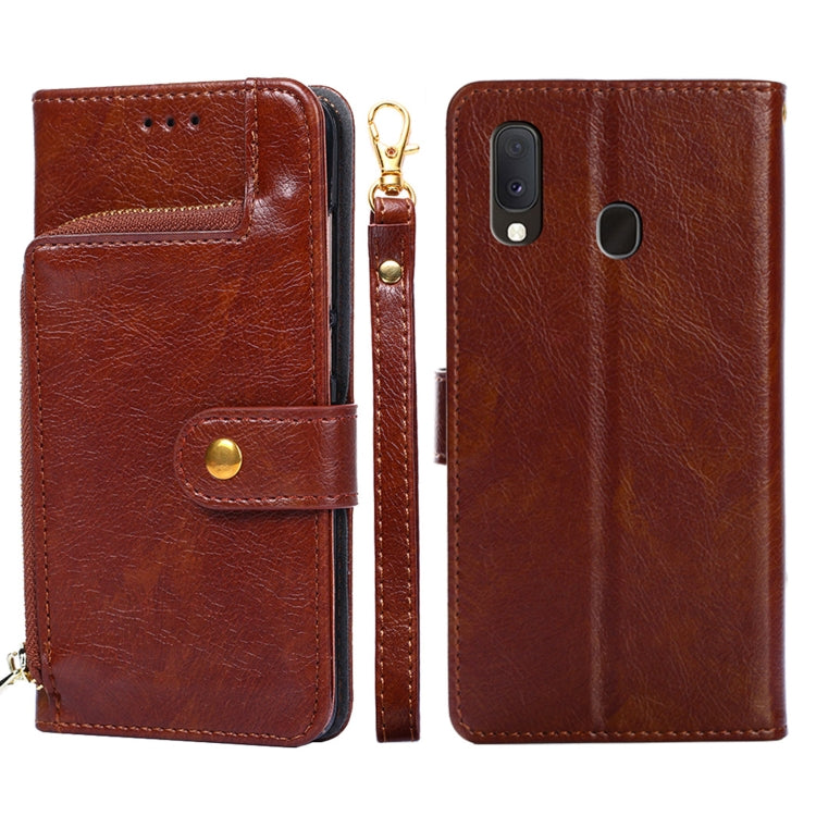 For Samsung Galaxy A20e Zipper Bag PU + TPU Horizontal Flip Leather Case with Holder & Card Slot & Wallet & Lanyard