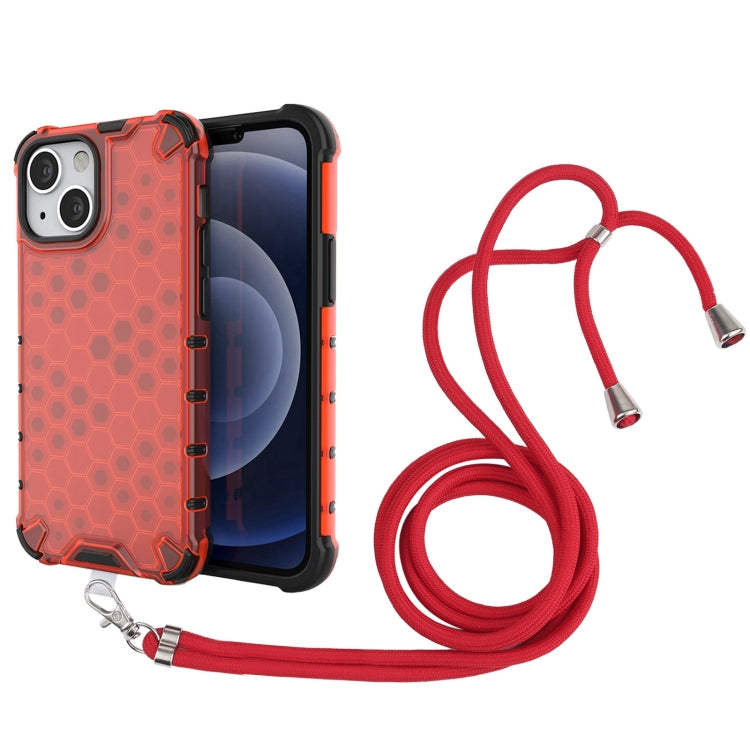 For iPhone 13 mini Shockproof Honeycomb PC + TPU Case with Neck Lanyard