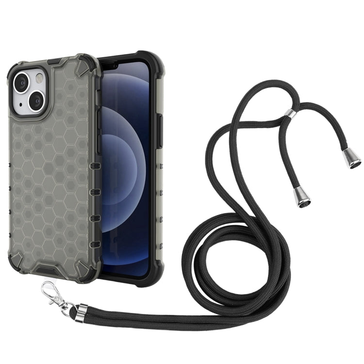 For iPhone 13 mini Shockproof Honeycomb PC + TPU Case with Neck Lanyard