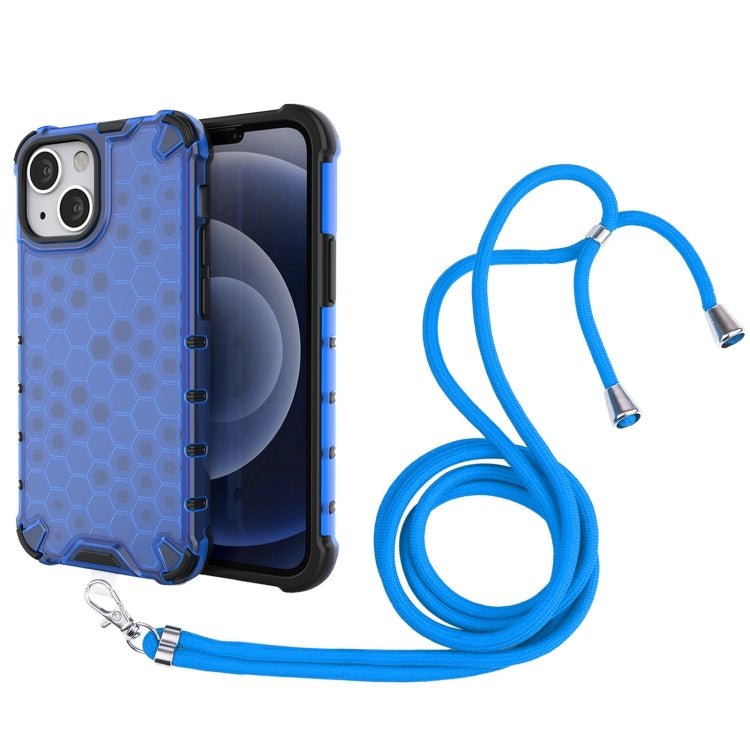 For iPhone 13 mini Shockproof Honeycomb PC + TPU Case with Neck Lanyard