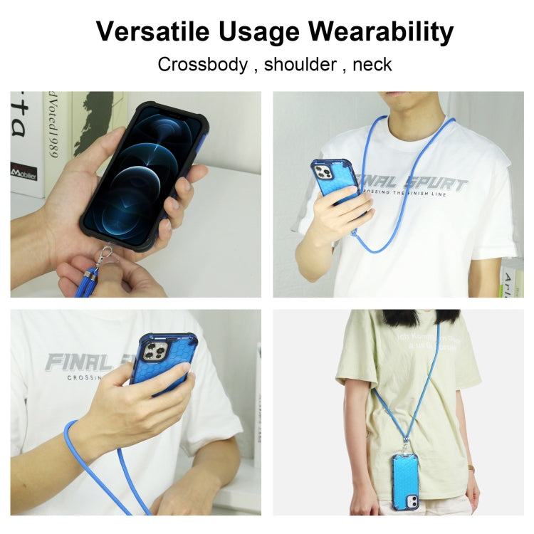 For iPhone 13 mini Shockproof Honeycomb PC + TPU Case with Neck Lanyard
