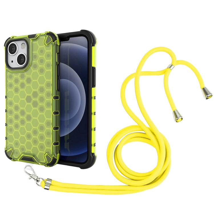For iPhone 13 mini Shockproof Honeycomb PC + TPU Case with Neck Lanyard