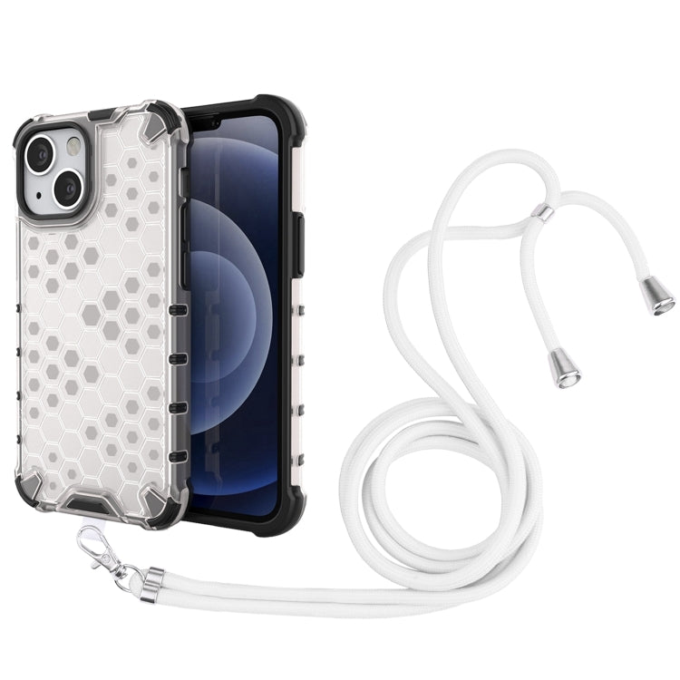 For iPhone 13 mini Shockproof Honeycomb PC + TPU Case with Neck Lanyard