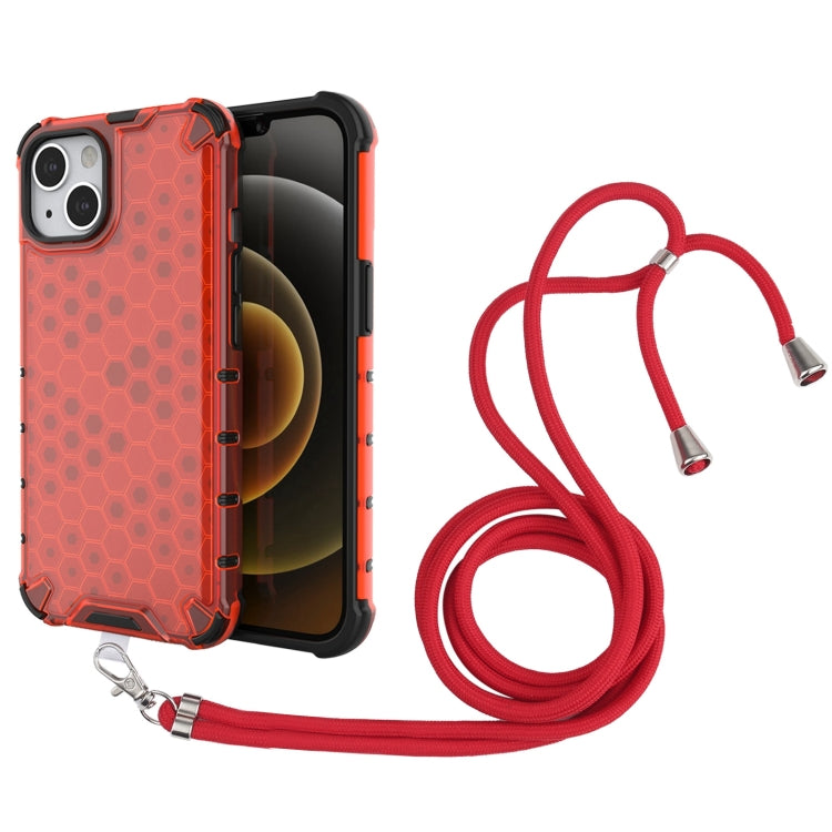 For iPhone 13 Shockproof Honeycomb PC + TPU Case with Neck Lanyard