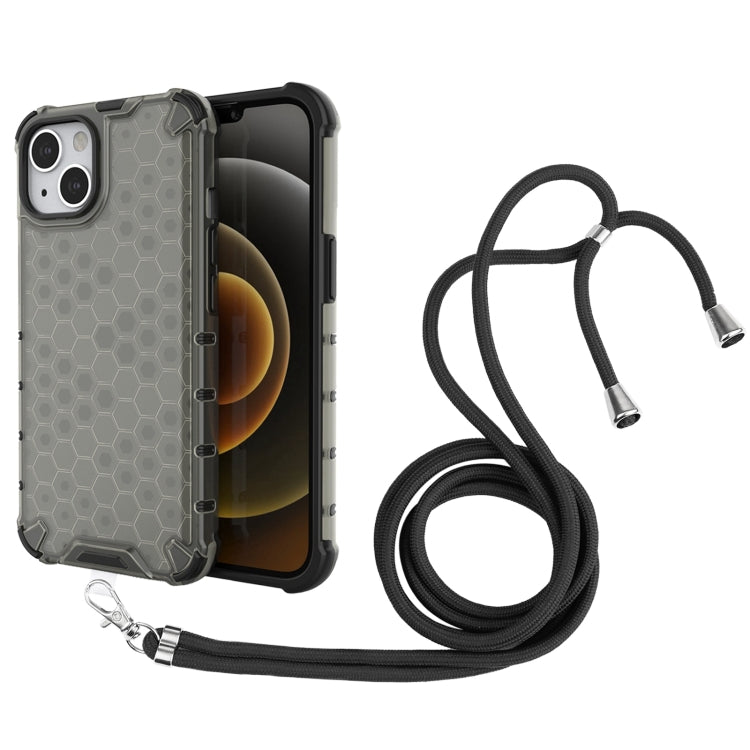 For iPhone 13 Shockproof Honeycomb PC + TPU Case with Neck Lanyard