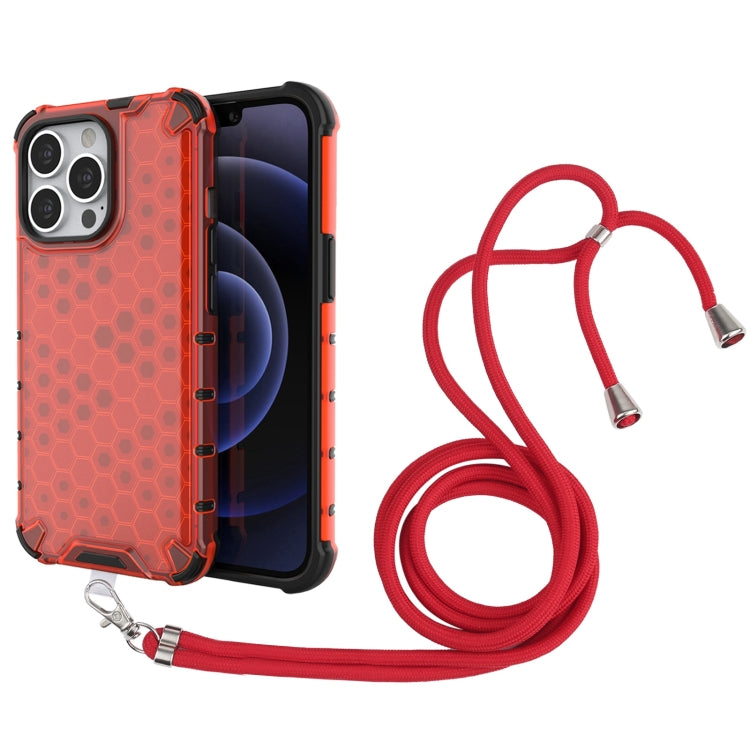 For iPhone 13 Pro Shockproof Honeycomb PC + TPU Case with Neck Lanyard