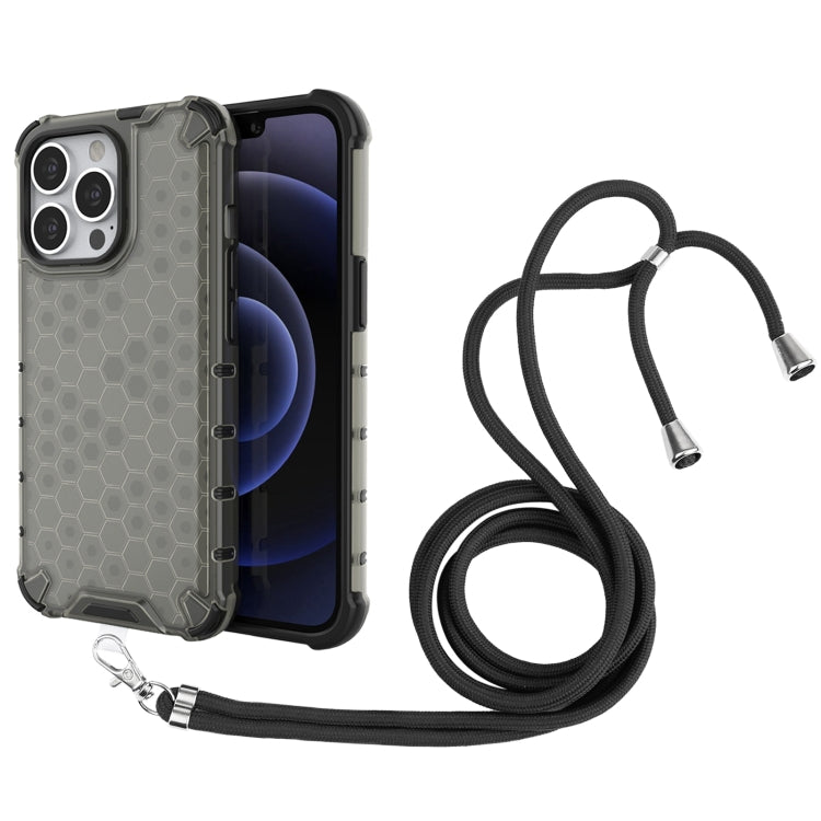 For iPhone 13 Pro Shockproof Honeycomb PC + TPU Case with Neck Lanyard