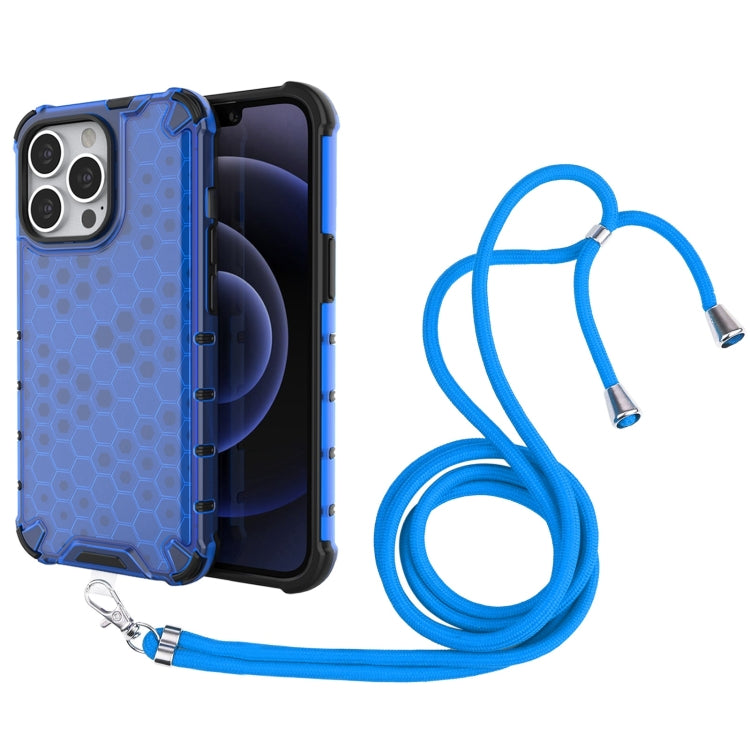 For iPhone 13 Pro Shockproof Honeycomb PC + TPU Case with Neck Lanyard