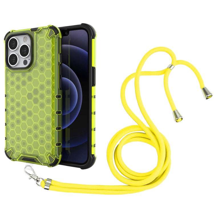 For iPhone 13 Pro Shockproof Honeycomb PC + TPU Case with Neck Lanyard